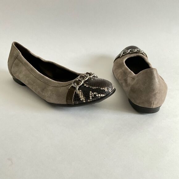 AGL Leather Ballet Flats Low Heel Snake Print Cap-toe Brown 40 - Picture 3 of 12